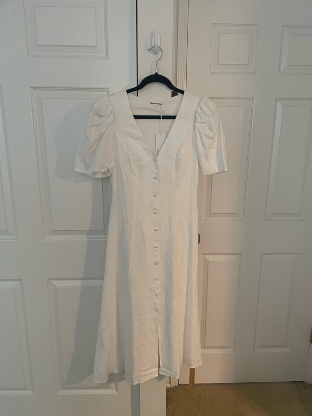 Reformation White V-Neck Button-Front Midi with Puff Sleeves